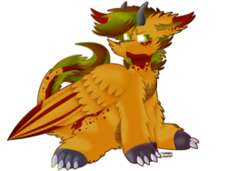 Size: 1024x768 | Tagged: safe, artist:vanillaswirl6, oc, oc only, oc:grit, dracony, hybrid, pegasus, pony, :<, cheek fluff, claws, colored paws, colored pupils, commission, ear fluff, fluffy, horns, leonine tail, lidded eyes, looking at you, male, markings, outline, paws, shoulder fluff, signature, simple background, sitting, solo, transparent background