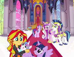 Size: 3300x2550 | Tagged: safe, artist:conthauberger, princess cadance, princess flurry heart, shining armor, starlight glimmer, sunset shimmer, twilight sparkle, alicorn, equestria girls, g4, auntie sunset, auntie twilight, female, high res, lesbian, mama sunset, ship:shiningcadance, ship:sunsetsparkle, shipping, twilight sparkle (alicorn)