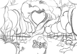 Size: 5508x3908 | Tagged: safe, artist:jorge123esp, apple bloom, applejack, big macintosh, grand pear, granny smith, earth pony, pony, g4, the perfect pear, absurd resolution, apple family, apple tree, digital art, food, grayscale, intertwined trees, monochrome, pear, pear tree, scene interpretation, sketch, tree, wip