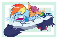 Size: 1760x1190 | Tagged: safe, artist:dragonpone, derpibooru exclusive, rainbow dash, scootaloo, soarin', pegasus, pony, abstract background, adopted offspring, cheek fluff, cuddle puddle, cuddling, dock, drool, ear fluff, ear tufts, eyes closed, family, female, filly, floppy ears, hug, lying down, male, mare, offspring, on side, open mouth, parent:rainbow dash, parent:soarin', parents:soarindash, pony pile, prone, scootadoption, scootalove, shipping, sitting, sleeping, snoring, soarindash, stallion, straight, wing blanket, winghug, zzz