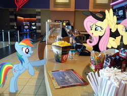 Size: 2048x1536 | Tagged: safe, artist:emedina13, fluttershy, rainbow dash, pegasus, pony, g4, beef jerky, cinemark, coca-cola, coffee, coke, concession stand, female, flying, food, guitar hero, ice cream cone, irl, jack links, mare, movie, movies, photo, pickle, ponies in real life, popcorn, rhythm game, soda, starbucks, straw, the hobbit, theater