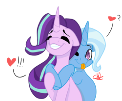 Size: 876x723 | Tagged: dead source, safe, artist:php89, starlight glimmer, trixie, pony, unicorn, g4, :3, :p, colored pupils, commission, cute, diatrixes, duo, exclamation point, eyes closed, featured image, female, floppy ears, glimmerbetes, grin, heart, hug, lesbian, mare, one eye closed, question mark, ship:startrix, shipping, signature, simple background, smiling, tongue out, transparent background, wink