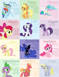 Size: 1000x1304 | Tagged: safe, artist:funfunland22, applejack, big macintosh, derpy hooves, fluttershy, nightmare moon, pinkie pie, princess celestia, rainbow dash, rarity, spike, twilight sparkle, dragon, earth pony, pegasus, pony, unicorn, g4, aquarius, aries, cancer (horoscope), capricorn, derp, female, gemini, leo, libra, male, pisces, portuguese, purple, sagittarius, scorpio, simple background, taurus, virgo, zodiac