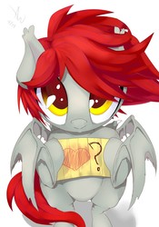 Size: 896x1280 | Tagged: safe, artist:violise, oc, oc only, bat pony, pony, bat pony oc, bipedal, cute, fangs, female, gray coat, looking at you, mare, paper, red mane, simple background, smiling, solo, yellow eyes