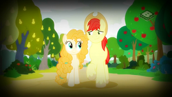 Size: 1280x720 | Tagged: safe, screencap, bright mac, pear butter, earth pony, pony, g4, the perfect pear, duo, female, male, mare, ship:brightbutter, shipping, stallion, straight