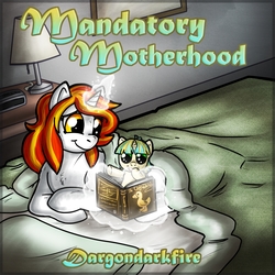 Size: 1000x1000 | Tagged: safe, artist:paintsplotch, oc, oc only, oc:chris, oc:starla, pony, unicorn, fanfic:mandatory motherhood, ponies after people, adopted offspring, bedtime story, cute, family, fanfic, fanfic art, fanfic cover, female, foal, human to pony, male to female, mare, mother and daughter, ponified, prone, reading, rule 63, transformation, transformed, transgender transformation