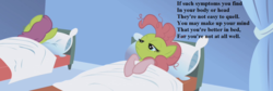 Size: 1280x431 | Tagged: safe, edit, edited screencap, editor:korora, screencap, cherry punch, pinkie pie, earth pony, pony, applebuck season, g4, baked bads, bed, cropped, female, gilbert and sullivan, green face, lyrics, mare, sick, song reference, text, the grand duke