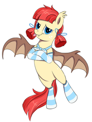 Size: 1116x1477 | Tagged: safe, artist:thebowtieone, oc, oc only, oc:burger bite, bat pony, pony, clothes, crossed hooves, female, mare, ponified, simple background, smug wendy's, socks, solo, striped socks, tongue out, wendy's, white background