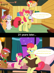 Size: 2048x2732 | Tagged: safe, artist:cinnamon-swirls, apple bloom, bright mac, pear butter, scootaloo, sweetie belle, oc, oc:autumn glory, oc:outstretch orchard, pony, g4, the perfect pear, bittersweet, book, clubhouse, crusaders clubhouse, crying, female, freckles, high res, male, night, night sky, offspring, older, older apple bloom, parent:apple bloom, parent:tender taps, parents:tenderbloom, ponytail, ship:brightbutter, shipping, sky, speech bubble, stars, straight, talking