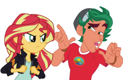 Size: 1644x1078 | Tagged: safe, edit, edited screencap, screencap, sunset shimmer, timber spruce, equestria girls, g4, my little pony equestria girls: legend of everfree, angry, simple background, teasing, throw down, white background