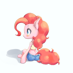 Size: 1200x1200 | Tagged: safe, artist:unousaya, pinkie pie, earth pony, pony, semi-anthro, g4, arm hooves, clothes, female, mare, rear view, shorts, simple background, sitting, solo, tank top, white background