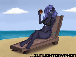 Size: 8000x6000 | Tagged: safe, artist:sunlightgryphon, princess luna, alicorn, anthro, unguligrade anthro, g4, absurd resolution, armpits, beach, bikini, clothes, cloud, day, drink, female, looking at you, solo, swimsuit