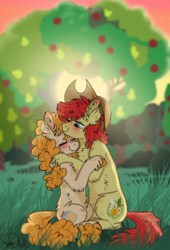 Size: 480x706 | Tagged: safe, artist:wanderingpegasus, bright mac, pear butter, earth pony, pony, g4, the perfect pear, apple tree, applejack's parents, blushing, chest fluff, cowboy hat, eyes closed, female, grass, hat, hug, husband and wife, intertwined trees, male, mare, one eye closed, pear tree, scenery, ship:brightbutter, shipping, sitting, stallion, stetson, straight, tree