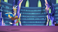 Size: 1280x719 | Tagged: safe, budge studios, discord, draconequus, g4, my little pony rainbow runners, book, floating, game, library, male, merchandise, solo, twilight's castle, twilight's castle library