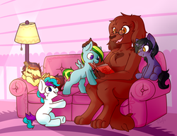 Size: 3090x2388 | Tagged: safe, artist:ruef, oc, oc only, oc:chalk, oc:lessi, oc:northern sprint, oc:ratio daze, oc:rivibaes, diamond dog, pony, book, couch, female, female diamond dog, foal, glasses, high res, lamp, reading, toilet paper roll, toilet paper roll horn