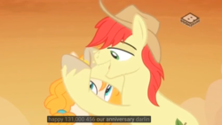 Size: 1366x768 | Tagged: safe, screencap, bright mac, pear butter, earth pony, pony, g4, the perfect pear, adventure in the comments, anniversary, boomerang (tv channel), buttercup, duo, female, hat, hour anniversary, male, mare, overanalyzing comments in the comments, ship:brightbutter, shipping, straight, subtitles