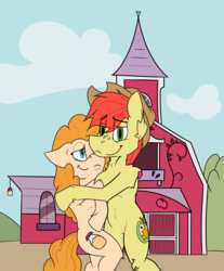 Size: 3608x4347 | Tagged: safe, artist:starrypallet, artist:trudor, bright mac, pear butter, earth pony, pony, g4, the perfect pear, bipedal, couple, female, high res, male, mare, ship:brightbutter, shipping, stallion, straight, sweet apple acres