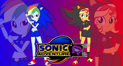 Size: 3820x2063 | Tagged: safe, artist:trungtranhaitrung, rainbow dash, sunset shimmer, equestria girls, g4, clothes, cosplay, costume, crossover, high res, male, sega, shadow the hedgehog, sonic adventure 2, sonic the hedgehog, sonic the hedgehog (series)