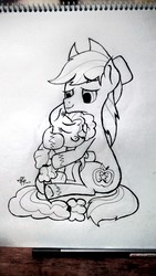 Size: 2736x4864 | Tagged: dead source, safe, artist:php142, bright mac, pear butter, pony, g4, the perfect pear, accessory, cowboy hat, cute, eyes closed, female, flower, hat, high res, hug, looking down, love, male, monochrome, ship:brightbutter, shipping, smiling, straight, traditional art