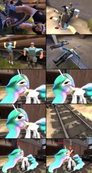Size: 2056x3877 | Tagged: safe, artist:jackass67, princess celestia, pony, comic:the crate, g4, blighted beak, brotherhood of arms, builder's blueprints, delinquent's down vest, direct hit, engineer, engineer (tf2), heavy (tf2), hermes, high res, hornblower, hound dog, medic, medic (tf2), professor speks, professor's peculiarity, pyro (tf2), sandman (bat), scout (tf2), skull island topper, soldier, soldier (tf2), stahlhelm, team fortress 2