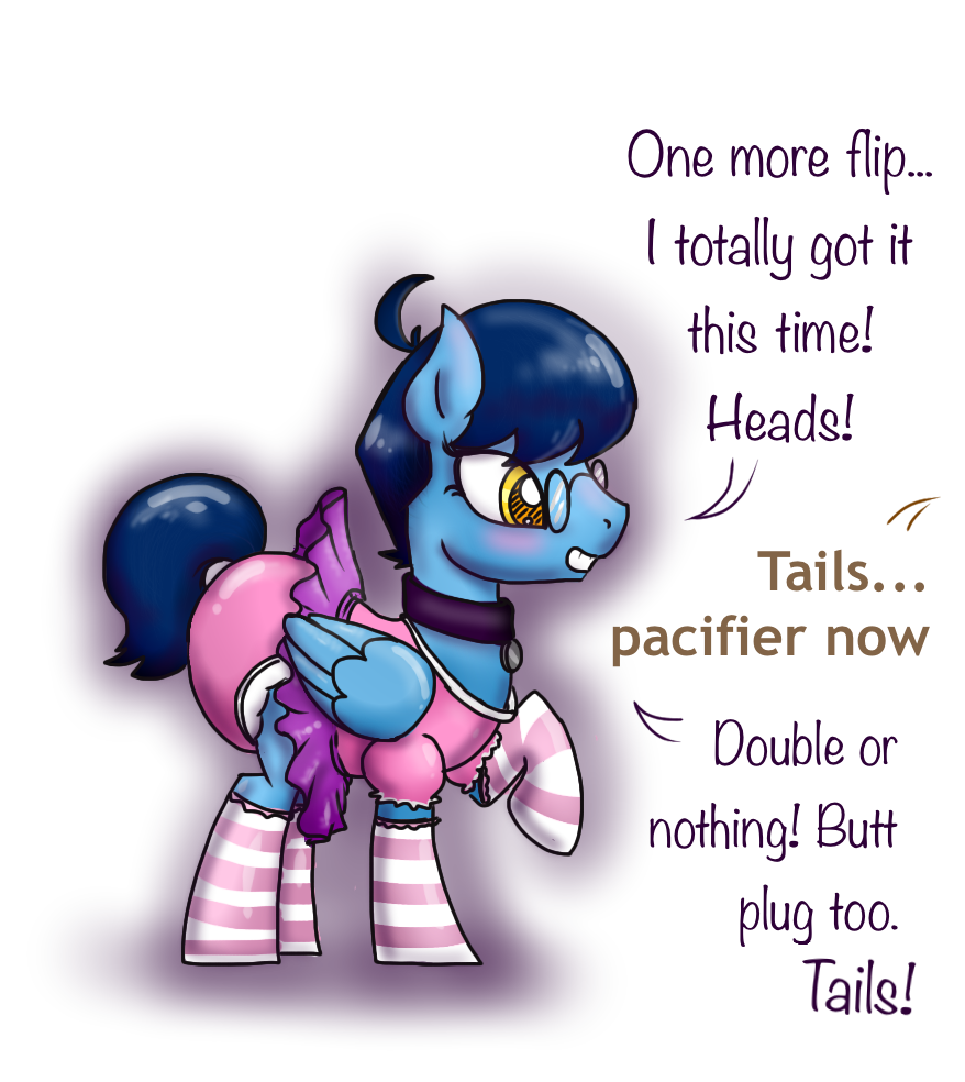 1469398 - suggestive, artist:kill joy, oc, oc only, pegasus, pony, abdl,  blushing, clothes, collar, crossdressing, diaper, diaper fetish, fetish,  gambling, glasses, non-baby in diaper, offscreen character, onesie, pet  tag, poofy diaper, sissy,