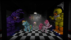 Size: 3840x2160 | Tagged: safe, artist:ledo621, fluttershy, pinkie pie, rainbow dash, pony, g4, 3d, bonnie (fnaf), chica, crossover, five nights at freddy's, high res, scared, source filmmaker
