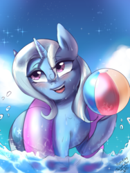 Size: 2344x3125 | Tagged: safe, artist:mrscurlystyles, trixie, pony, unicorn, g4, ball, beach ball, blushing, female, gift art, high res, inner tube, mare, open mouth, solo, water, wet mane