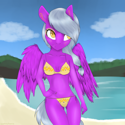 Size: 2000x2000 | Tagged: safe, artist:cottonaime, oc, oc only, pegasus, anthro, beach, bikini, clothes, female, high res, mare, outdoors, ponytail, solo, swimsuit, ych result