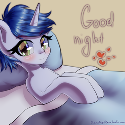 Size: 2000x2000 | Tagged: safe, artist:chaosangeldesu, oc, oc only, oc:positivity, pony, unicorn, bed, heart, high res, pillow, smiling, solo, ych result
