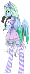 Size: 394x966 | Tagged: safe, artist:laity, oc, oc only, oc:amaranthine sky, pegasus, pony, semi-anthro, bipedal, bow, clothes, cute, doll, dress, female, hair bow, mare, plushie, simple background, snowman, socks, solo, stockings, striped socks, thigh highs, toy, ych result