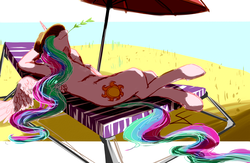 Size: 2300x1500 | Tagged: safe, artist:fizzlesoda2000, princess celestia, alicorn, pony, g4, beach, beach chair, beach umbrella, chair, female, hat, lounging, mare, ocean, on back, relaxing, solo, straw, straw in mouth, sun hat, water