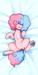 Size: 381x750 | Tagged: safe, artist:stardrawsponies, oc, oc only, oc:sugarush, food pony, original species, pony, :p, blushing, body pillow, body pillow design, chest fluff, cotton candy, food, hooves, horn, lying down, on back, solo, tongue out