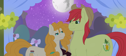 Size: 1024x454 | Tagged: safe, artist:rosario-red, bright mac, mayor mare, pear butter, earth pony, pony, g4, the perfect pear, duo focus, female, male, mare, mare in the moon, marriage, moon, non-dyed mayor, scene interpretation, ship:brightbutter, shipping, stallion, straight, wedding