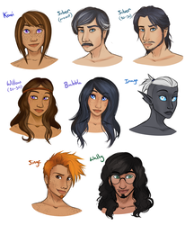 Size: 3835x4645 | Tagged: safe, artist:askbubblelee, oc, oc only, oc:bubble lee, oc:imago, oc:kiwi breeze, oc:silver lining, oc:singe, oc:walter nutt, oc:willow breeze, human, absurd resolution, elf ears, facial hair, female, freckles, glasses, goatee, humanized, humanized oc, kiwing, looking at you, male, moustache, simple background, slit pupils, white background