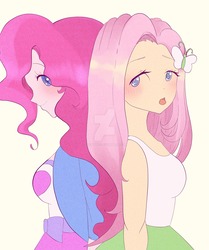 Size: 1600x1914 | Tagged: safe, artist:lazybuns, fluttershy, pinkie pie, equestria girls, g4, back to back, blushing, clothes, female, simple background, tongue out, watermark, white background