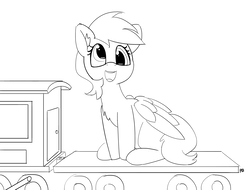 Size: 5000x3795 | Tagged: safe, artist:pabbley, derpy hooves, pegasus, pony, g4, 30 minute art challenge, absurd resolution, chest fluff, cute, female, lineart, macro, mare, monochrome, open mouth, simple background, sitting, smiling, solo, train, white background