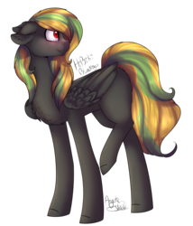 Size: 3187x3721 | Tagged: safe, artist:angelic-shield, oc, oc only, oc:hibiki blackwing, pegasus, pony, birthday gift, blushing, female, gift art, high res, mare, raised leg, simple background, smiling, solo, transparent background