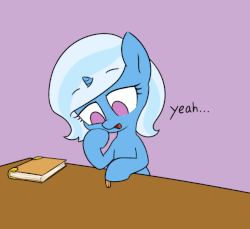 Size: 641x587 | Tagged: safe, artist:zippysqrl, trixie, pony, unicorn, the little magician, g4, animated, bits, book, dialogue, female, filly, gif, hoof on cheek, open mouth, simple background, solo