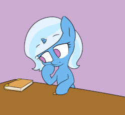 Size: 641x587 | Tagged: safe, artist:zippysqrl, trixie, pony, unicorn, the little magician, g4, animated, bits, book, female, filly, gif, purple background, simple background, solo