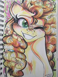 Size: 1024x1365 | Tagged: safe, artist:ihasjessie-kat, pear butter, earth pony, pony, g4, the perfect pear, bust, female, flower, flower in hair, grin, one eye closed, portrait, sketchbook, smiling, solo, traditional art, wink