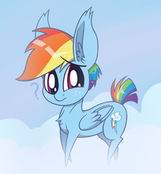 Size: 1055x1143 | Tagged: safe, artist:dragonpone, derpibooru exclusive, rainbow dash, windy whistles, pegasus, pony, g4, alternate hairstyle, butt freckles, chest fluff, cloud, confused, ear fluff, female, freckles, looking back, on a cloud, question mark, solo