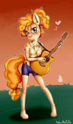 Size: 870x1466 | Tagged: safe, artist:anibaruthecat, pear butter, earth pony, anthro, plantigrade anthro, g4, the perfect pear, blushing, female, guitar, hoof feet, looking at you, mare, solo