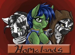 Size: 1012x745 | Tagged: safe, artist:wildheart-wolfsong, oc, oc only, oc:majina, oc:pythia, oc:scotch tape, earth pony, pony, zebra, fallout equestria, fallout equestria: homelands, cloak, clothes