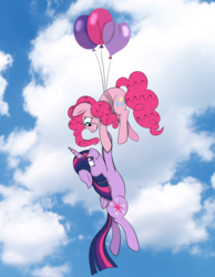 Size: 1736x2236 | Tagged: safe, artist:squipycheetah, pinkie pie, twilight sparkle, alicorn, earth pony, pony, g4, balloon, cloud, cloudy, cute, dangling, diapinkes, duo, duo female, eye contact, female, floating, floppy ears, folded wings, hanging on, happy, heart, heart balloon, holding hooves, lesbian, looking at each other, looking down, looking up, mare, redraw, ship:twinkie, shipping, sky, smiling, stock image, then watch her balloons lift her up to the sky, trust, twiabetes, twilight sparkle (alicorn), windswept mane