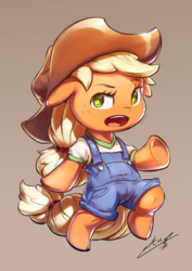 Size: 765x1080 | Tagged: safe, artist:assasinmonkey, applejack, earth pony, pony, g4, clothes, cowboy hat, female, hat, mare, open mouth, overalls, signature, solo, stetson, underhoof