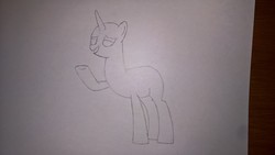 Size: 2491x1402 | Tagged: safe, artist:zeb, derpibooru exclusive, pony, unicorn, female, grin, mare, monochrome, raised hoof, sketch, smiling, solo, traditional art, wip