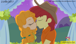 Size: 1012x595 | Tagged: safe, artist:conikiblasu-fan, bright mac, pear butter, equestria girls, g4, the perfect pear, applejack's parents, clothes, equestria girls-ified, eyes closed, female, husband and wife, kissing, male, ship:brightbutter, shipping, straight