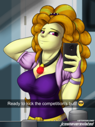 Size: 2400x3200 | Tagged: safe, artist:jcosneverexisted, adagio dazzle, equestria girls, g4, arm behind head, bathroom, breasts, busty adagio dazzle, cellphone, clothes, collar, emoji, female, high res, looking at you, phone, selfie, smartphone, snapchat, solo