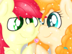 Size: 2732x2048 | Tagged: safe, artist:prismaticstars, bright mac, pear butter, earth pony, pony, g4, the perfect pear, bust, eye contact, female, heart, high res, looking at each other, male, portrait, previous generation, ship:brightbutter, shipping, smiling, straight