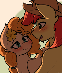 Size: 1280x1493 | Tagged: dead source, safe, artist:whitepone, bright mac, pear butter, earth pony, pony, g4, the perfect pear, applejack's parents, blushing, couple, duo, female, flower, flower in hair, freckles, male, mare, ship:brightbutter, shipping, stallion, straight